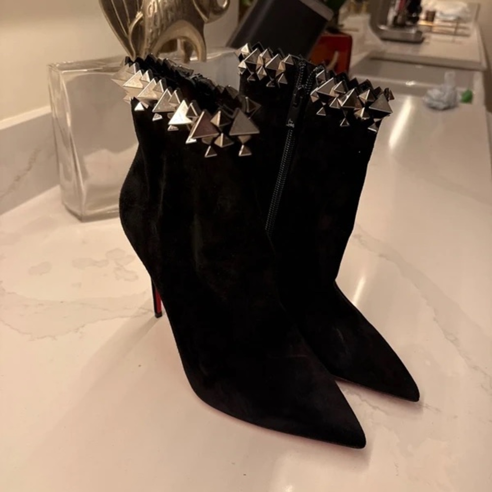 Christian Louboutin Black Heeled Boots with Silver Spikes